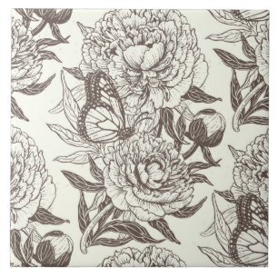 Peonies and butterflies block print, umber on off tile