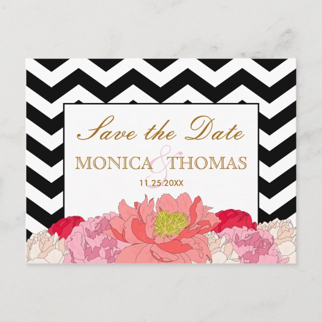 Peonies and Chevrons Save The Date Postcard (Front)