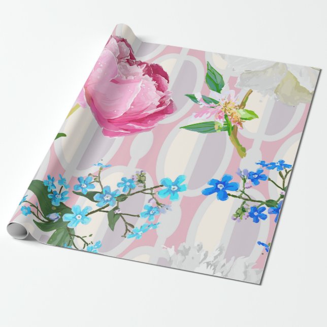 Peonies and forget-me-nots. Seamless backgroundart Wrapping Paper (Unrolled)