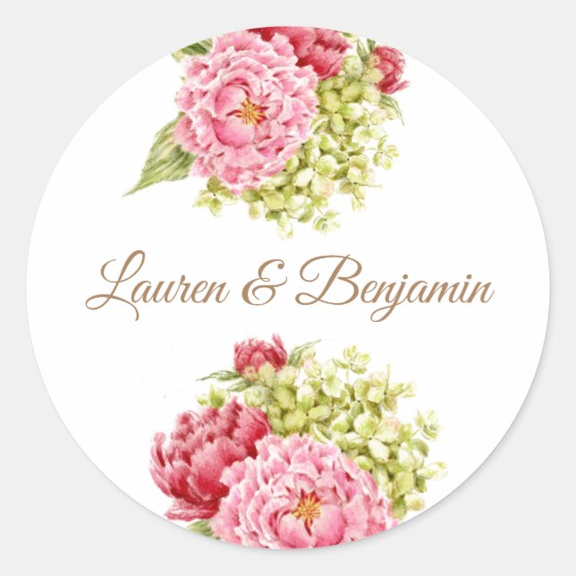 Peonies and Hydrangea Wedding Round Stickers (Front)
