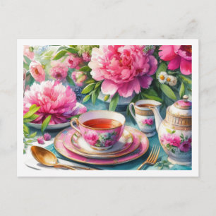Peonies and Pink Teacup  Tea Party Floral  Postcard