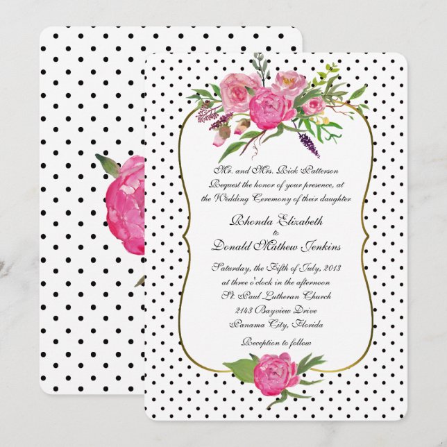 Peonies and Polka Dots Wedding Invitation (Front/Back)