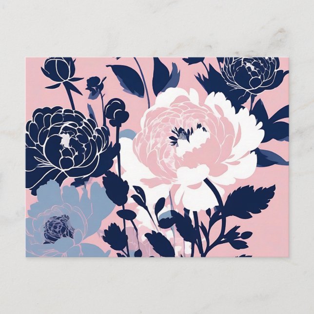 Peonies and Roses Contrast Silhouette Floral Postcard (Front)