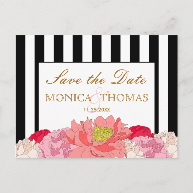 Peonies and Stripes Save The Date Postcard (Front)