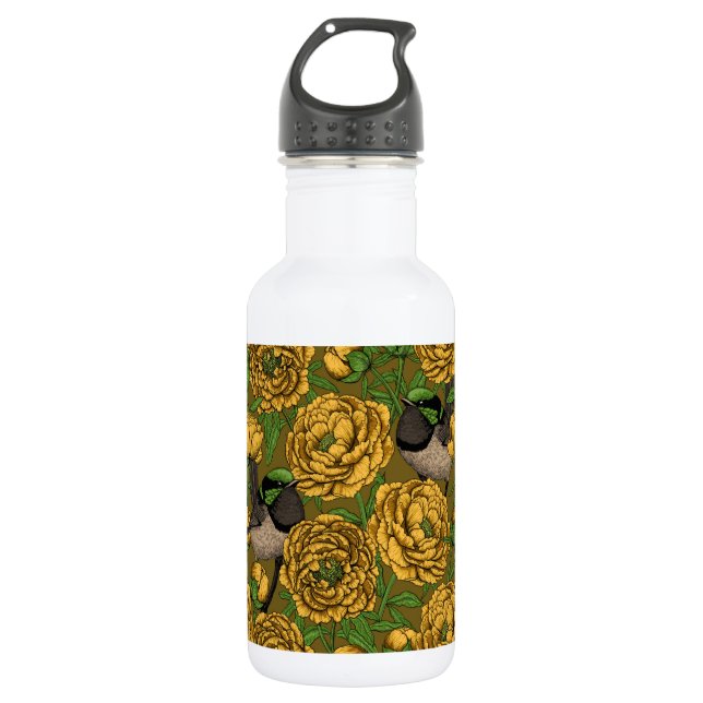 Peonies and wrens 532 ml water bottle (Front)