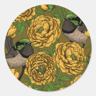 Peonies and wrens classic round sticker