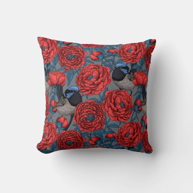 Peonies and wrens cushion (Front)