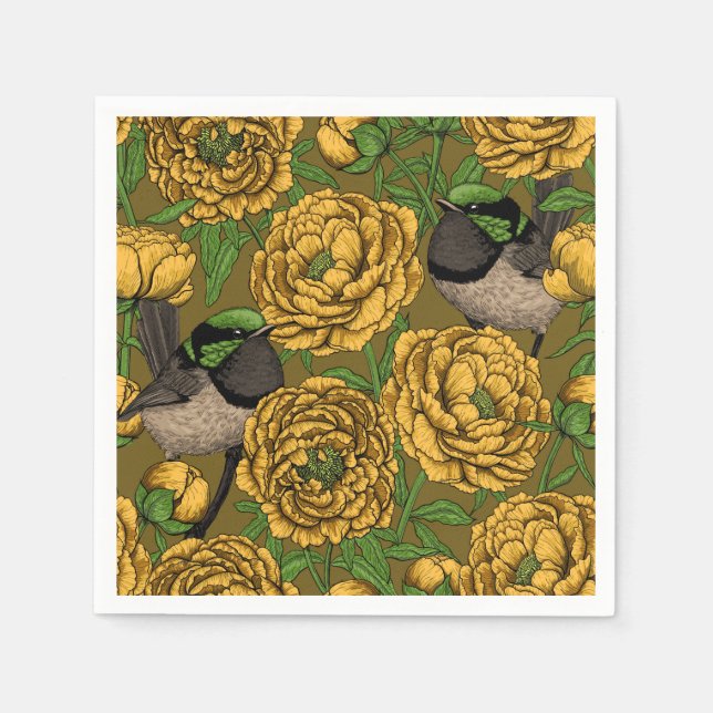 Peonies and wrens napkin (Front)