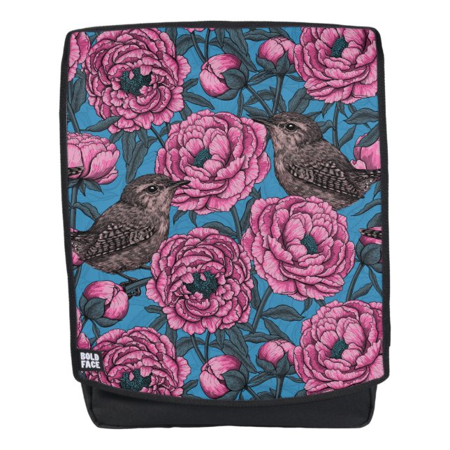 Peonies and wrens on blue backpack (Front)