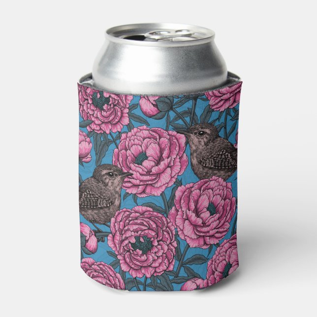 Peonies and wrens on blue can cooler (Can Front)