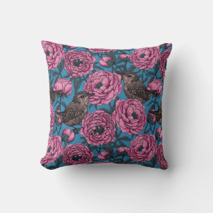 Peonies and wrens on blue cushion