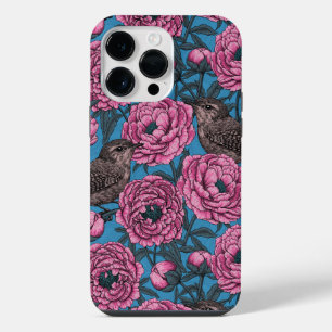 Peonies and wrens on blue iPhone 14 pro max case