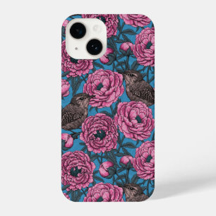 Peonies and wrens on blue iPhone 14 case