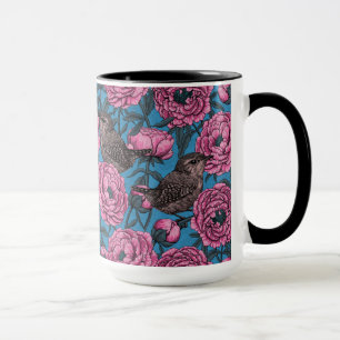 Peonies and wrens on blue mug