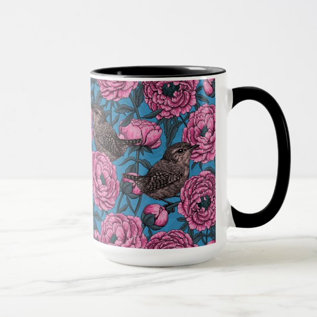 Peonies and wrens on blue mug (Right)