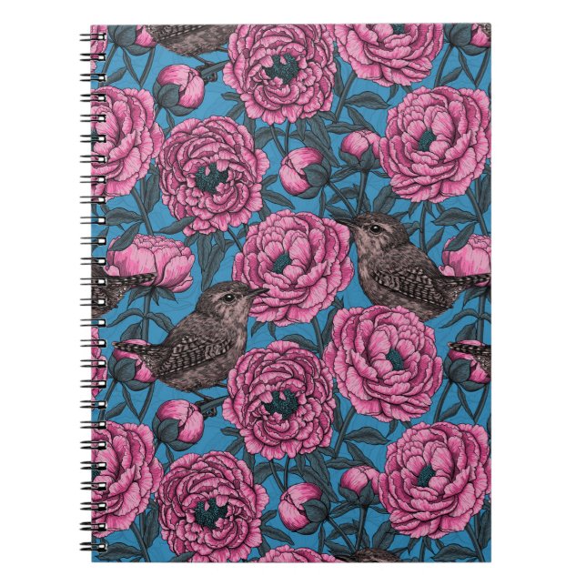 Peonies and wrens on blue notebook (Front)