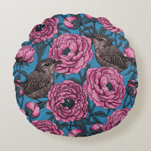 Peonies and wrens on blue round cushion