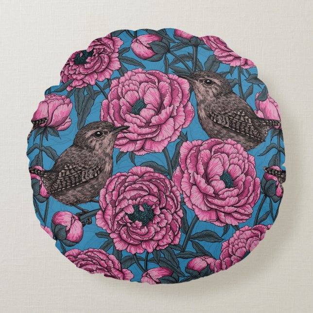 Peonies and wrens on blue round cushion (Front)