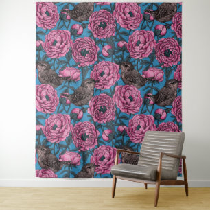 Peonies and wrens on blue tapestry