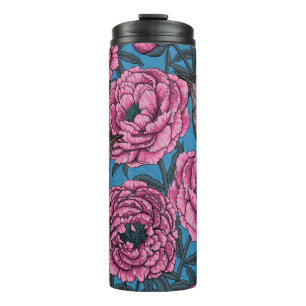 Peonies and wrens on blue thermal tumbler