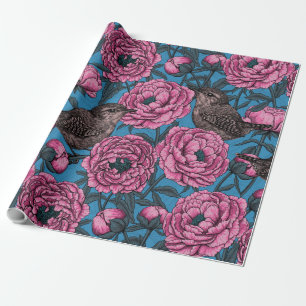 Peonies and wrens on blue wrapping paper