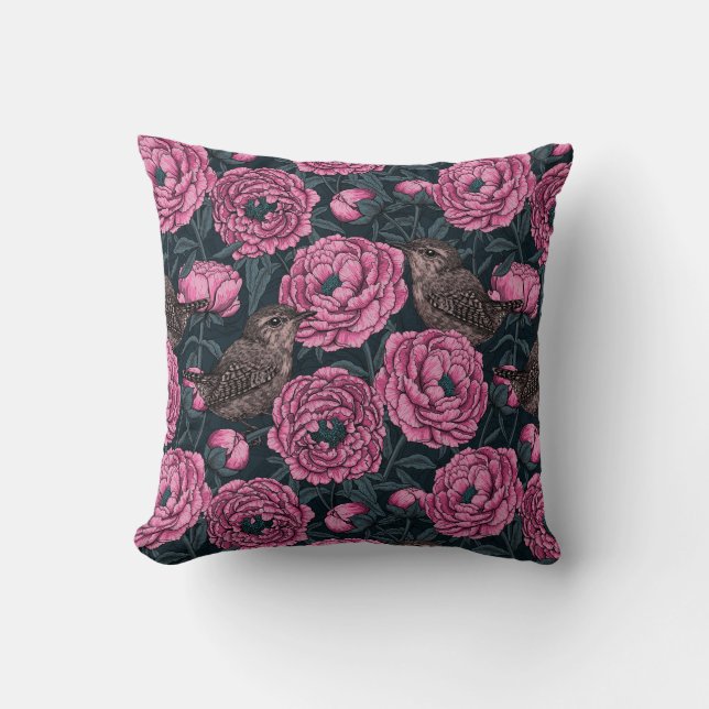Peonies and wrens on dark gray cushion (Front)