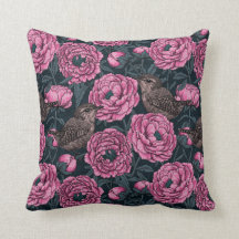 Peonies and wrens on dark gray