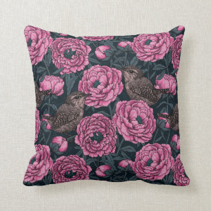 Peonies and wrens on dark gray cushion