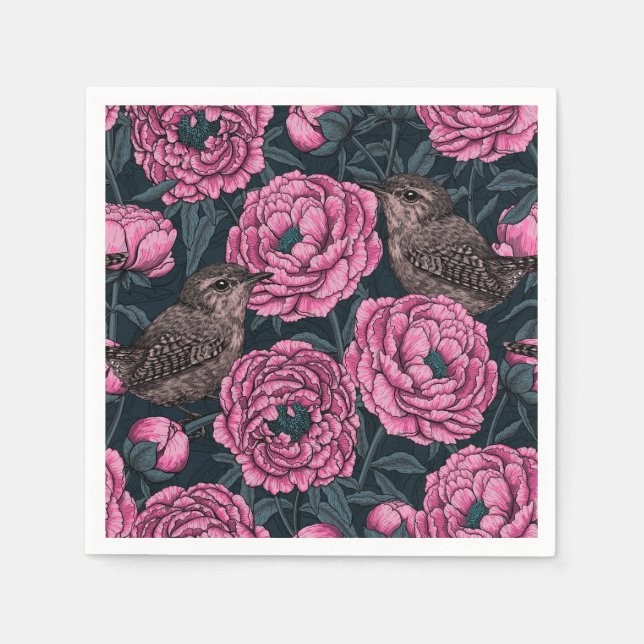 Peonies and wrens on dark gray napkin (Front)
