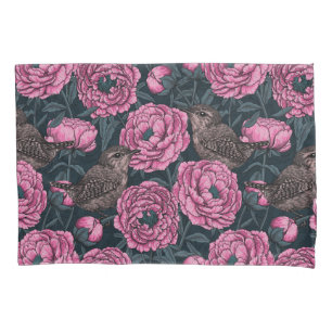 Peonies and wrens on dark gray pillowcase
