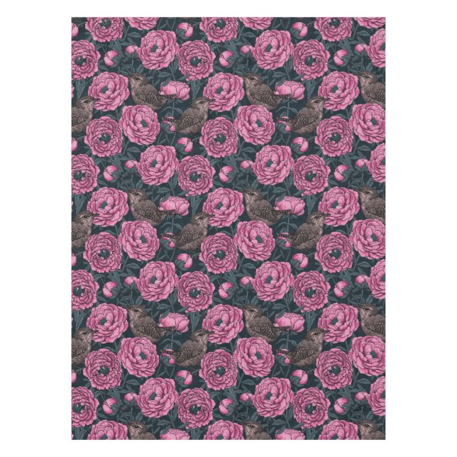 Peonies and wrens on dark gray tablecloth (Front)