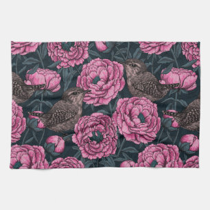 Peonies and wrens on dark gray tea towel