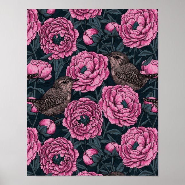 Peonies and wrens on dark grey poster (Front)