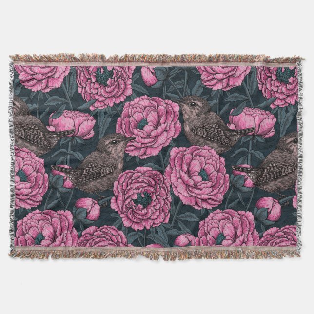 Peonies and wrens on dark grey throw blanket (Front)