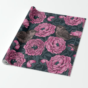 Peonies and wrens on dark grey wrapping paper