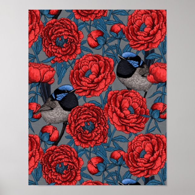 Peonies and wrens poster (Front)