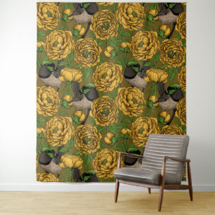 Peonies and wrens tapestry