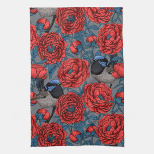 Peonies and wrens tea towel