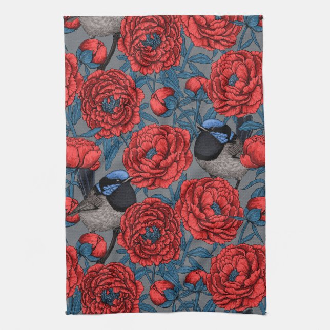 Peonies and wrens tea towel (Vertical)