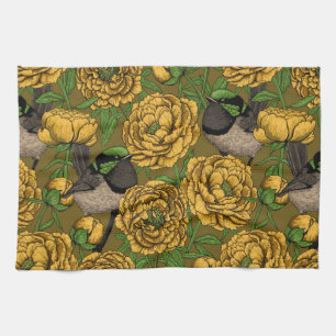 Peonies and wrens tea towel