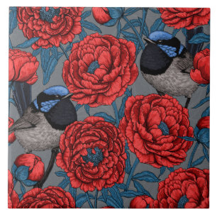 Peonies and wrens tile
