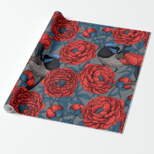 Peonies and wrens wrapping paper