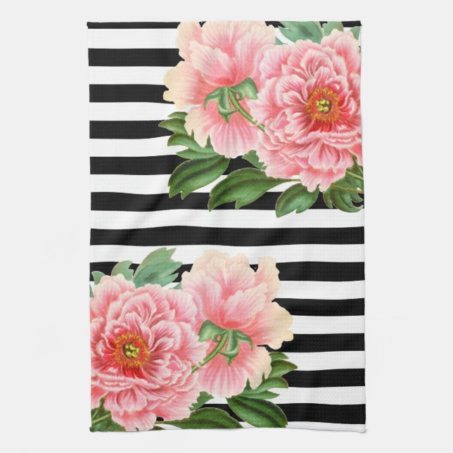 peonies black stripes tea towel (Vertical)