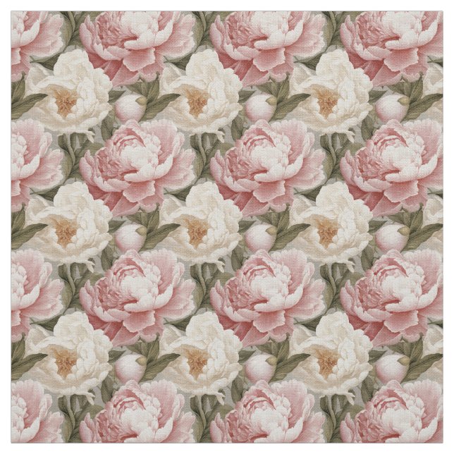 Peonies Blossoms Design Linen Upholstery Fabric  (Swatch)