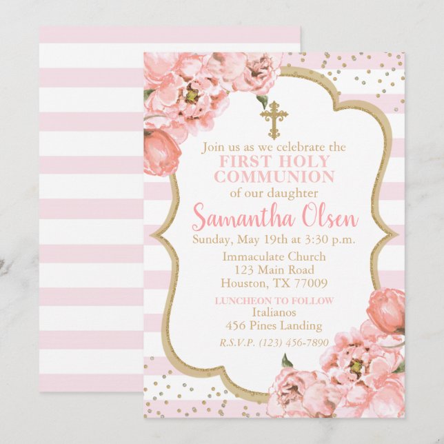 Peonies Blush Pink & Gold First Holy Communion Invitation (Front/Back)