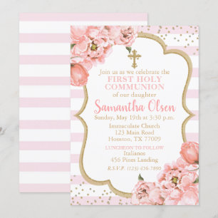 Peonies Blush Pink & Gold First Holy Communion Invitation