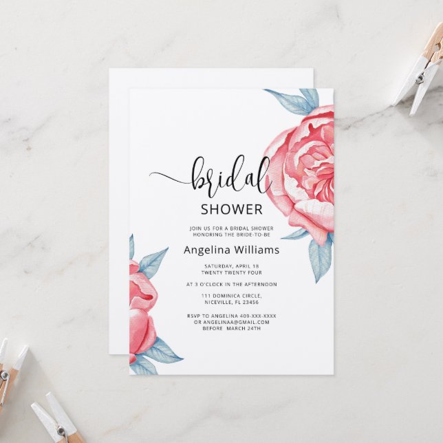 Peonies Bridal Shower Invitation  (Front/Back In Situ)