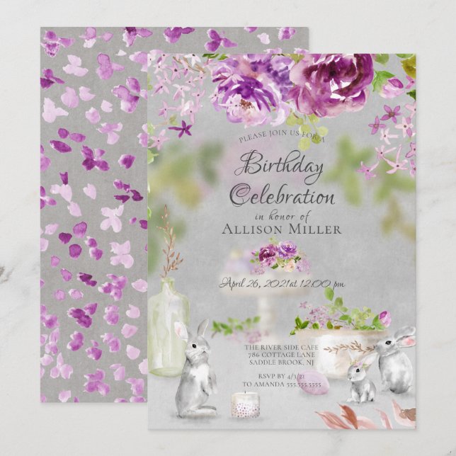 Peonies & Bunny Birthday Party Invitation (Front/Back)