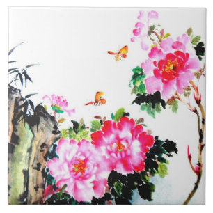 Peonies & Butterflies Chinese Watercolor Painting Tile