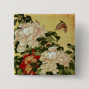 Peonies & Butterflies Hokusai Japanese Fine Art 15 Cm Square Badge